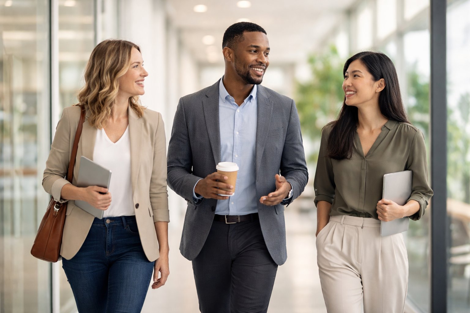 Colleagues walking together after a productive meeting